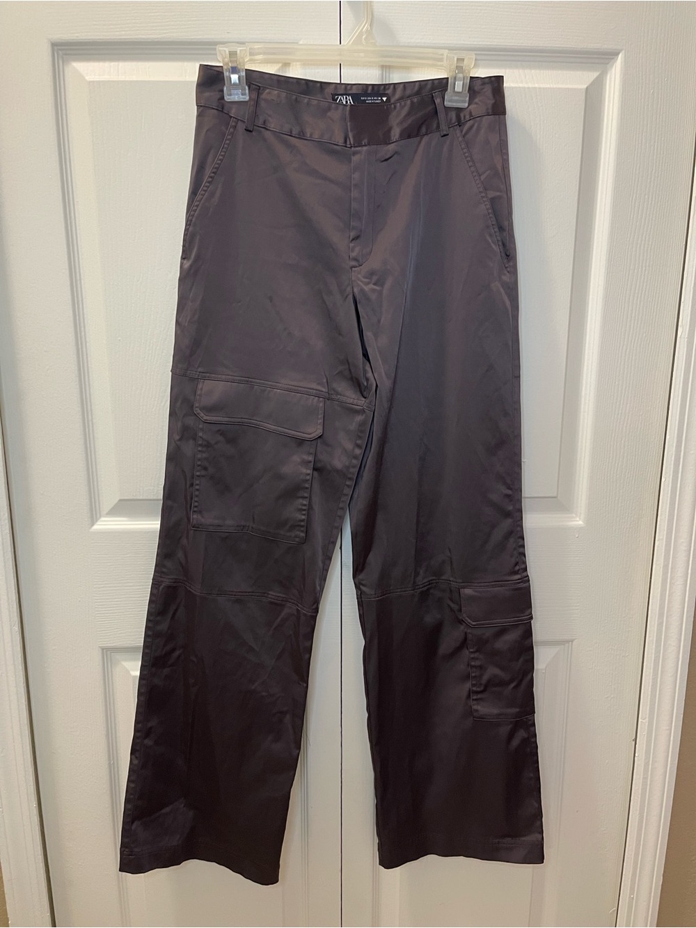 Zara Women’s Dark Brown Satin Cargo Pants - Straight Leg